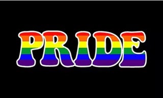 Flag with black background and "Pride" in a rainbow of colors