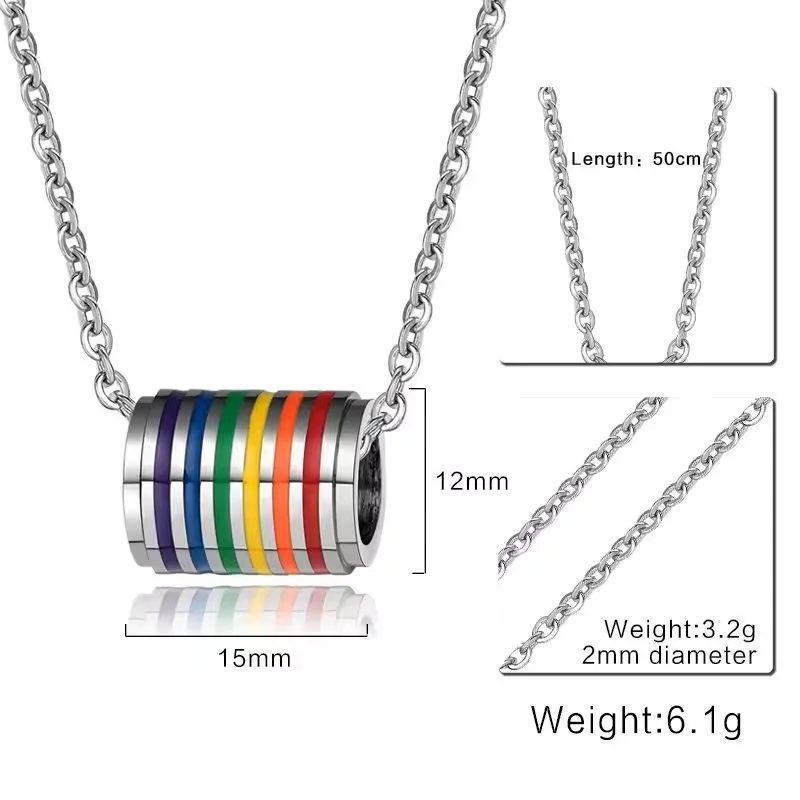 Pride Rainbow Cylinder Pendant Necklace with Chain with demensions: cylinder 15mm long, 12mm wide. chain 50cm long, 2mm diameter, 3.2 grams. Total weight 6.1g
