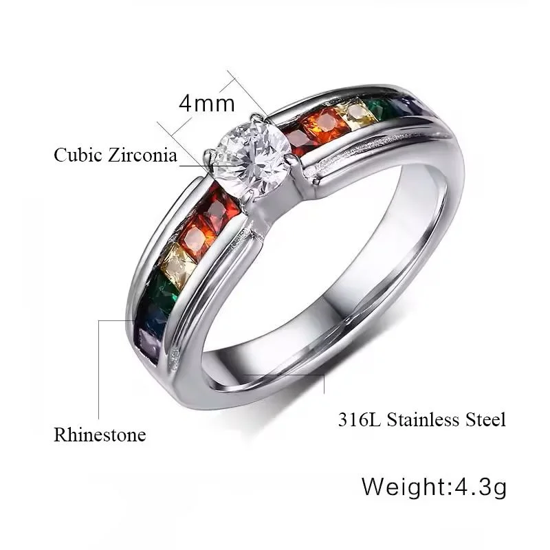 Engagement Style Rainbow Pride Ring with details: 4mm Cubic Zirconia Center Stone, Rainbow of Rhinestone surrounding ring, 316L Stainless Steel, weight ~4.3g