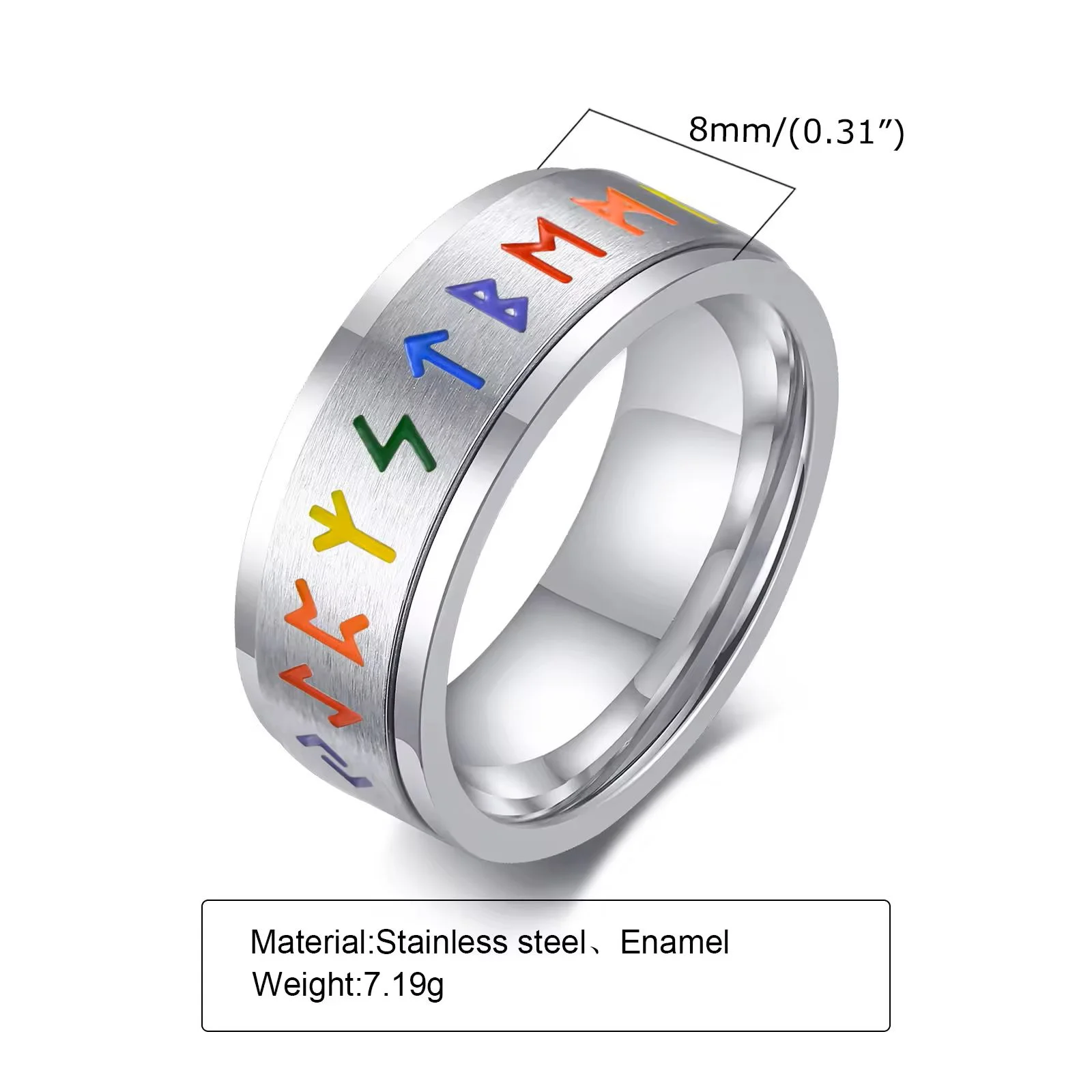 Norse Rune Pride Ring - 8mm (0.31") wide, stainless steel and enamel, about 7.19g weight