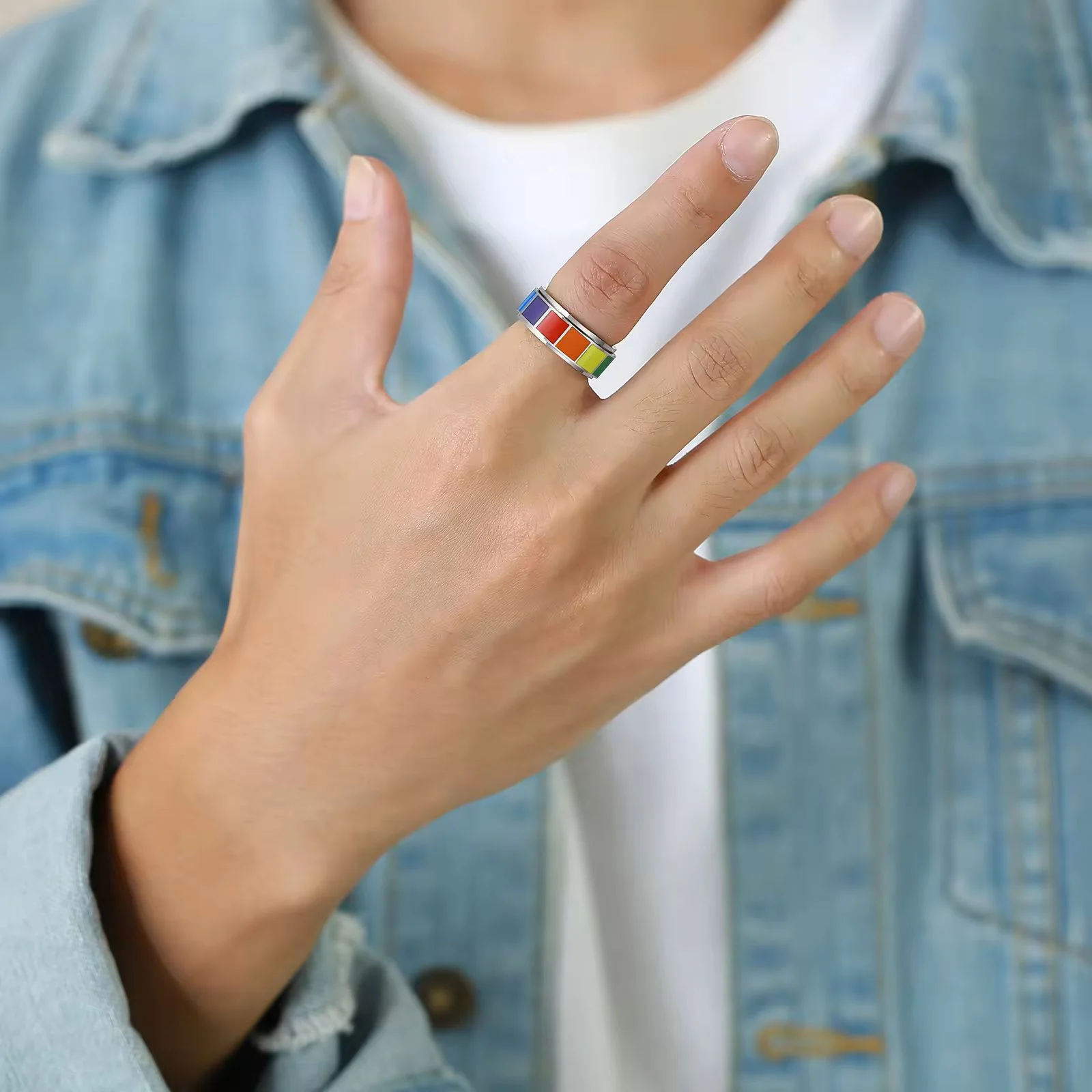 Steel Rianbow Spinner Ring on hand