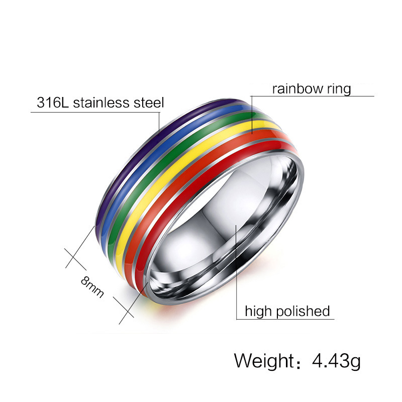 Stainless Steel Rainbow Pride Ring with details