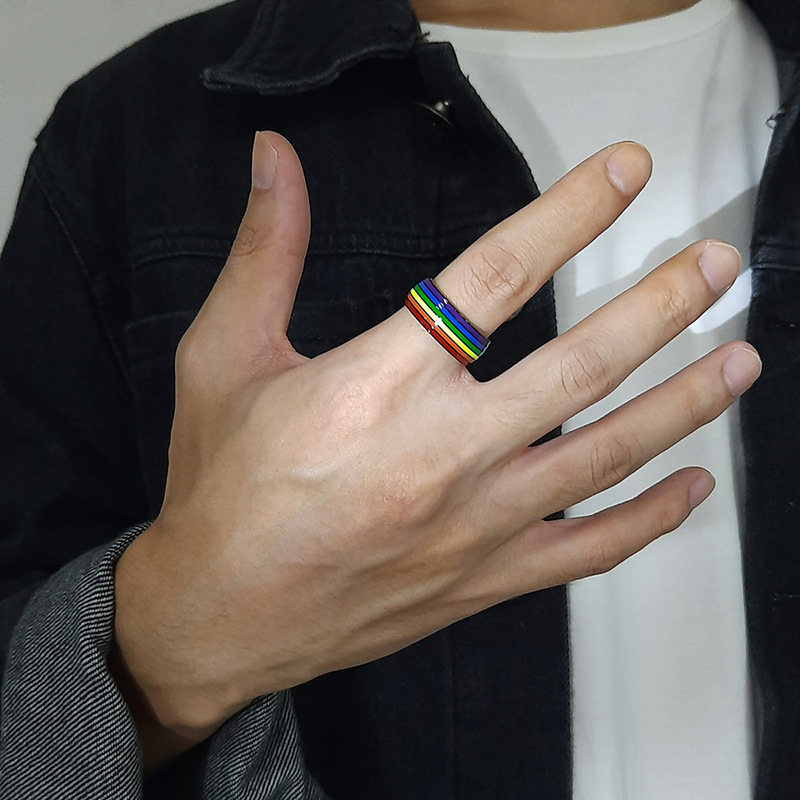 Stainless Steel Rainbow Pride Ring on a hand