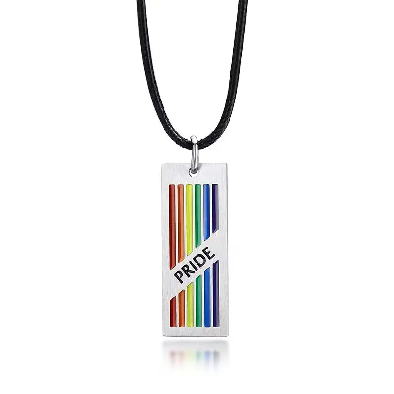  Rainbow Pride Rectangle Pendant with Rope Chain 