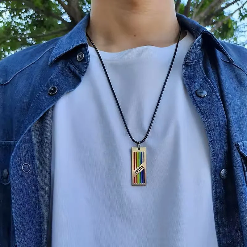  Rainbow Pride Rectangle Pendant with Rope Chain on person