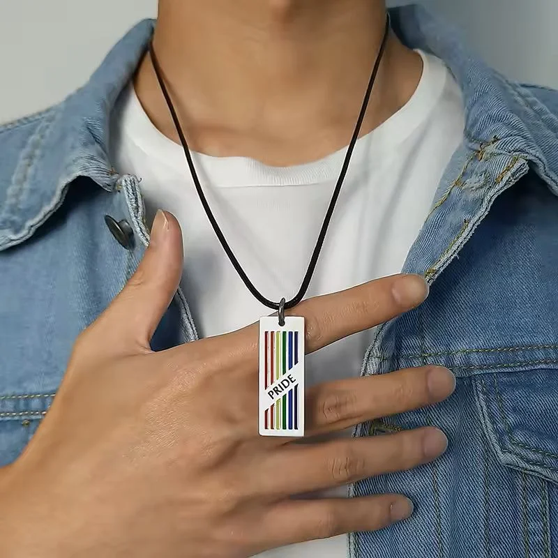  Rainbow Pride Rectangle Pendant with Rope Chain on person