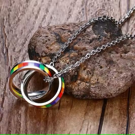 Double Ring Rainbow Pendant on rock