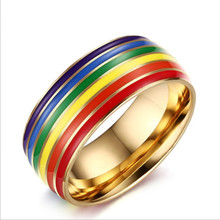 Gold Colored Stainless Steel Rainbow Pride Ring