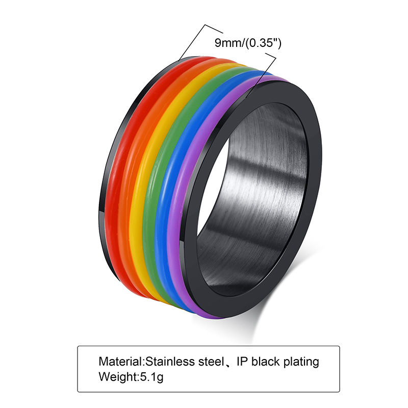 Rubber Wrap Rainbow Pride Ring - black with sizing information