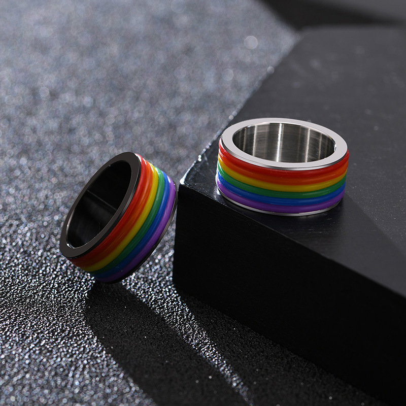 Rubber Wrap Rainbow Pride Ring - Black and Stainless