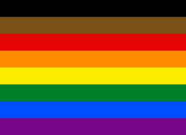 Rainbow Pride Flag - Philadelphia. 8 horizontal stripes. Black and brown followed by rainbow.