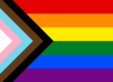 Rainbow Pride Flag - Progress. 6 horizontal raibow stripes, with black, brown, blue, pink, and white striped triangle on the left.