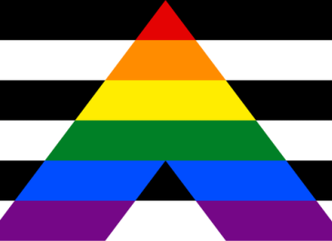 Ally Pride Flag: 6 horizontal black and white stripes in the back with a stylized capital A with rainbow colors replacing the black and white stripes.