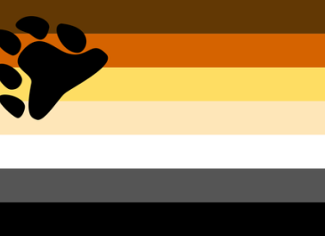 Bear Pride Flag: 7 equal horizontal stripes, dark brown, orange/rust, golden yellow, tan, white, gray, and black. A bear paw print is superimposed on the top left corner.