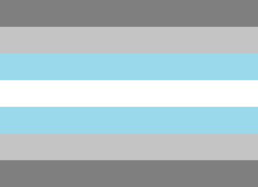 Demiboy Flag: 7 equal horizontal striped, dark grey, grey, blue, white, blue, grey, dark grey