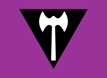 Lesbian Pride Flag - Labrys: Purple background with black triangle in the center and a labrys (double sided axe) in white over the triangle