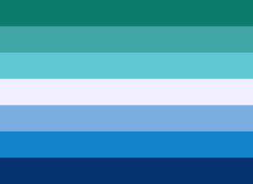 Men Loving Men Pride Flag: 7 equal horrizontal stripes. 3 green, dark to light, one one, 3 blue light to dark