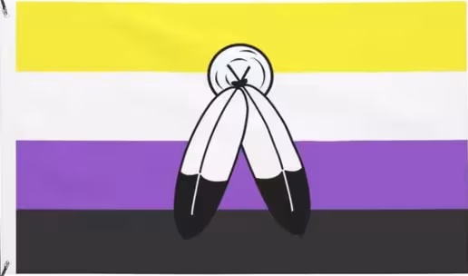 Non-Binary Two Spirit Flag: Non-binary flag with two feathers superimposed on it.