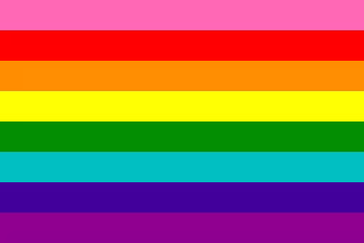 Rainbow Flag - Gilbert Baker 8 Stripe. 8 horizontal stripes. Pink, red, orange, yellow, green, cyan, indigo, violet.