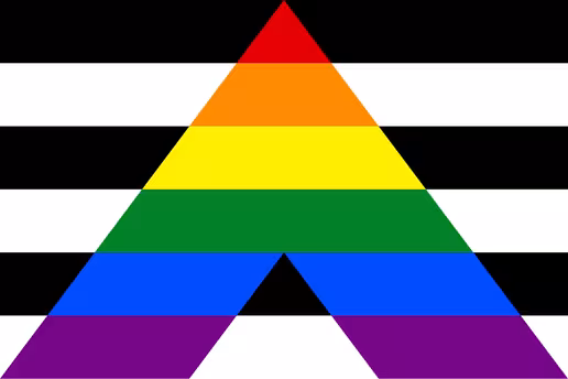 Ally Pride Flag: 6 horizontal black and white stripes in the back with a stylized capital A with rainbow colors replacing the black and white stripes.