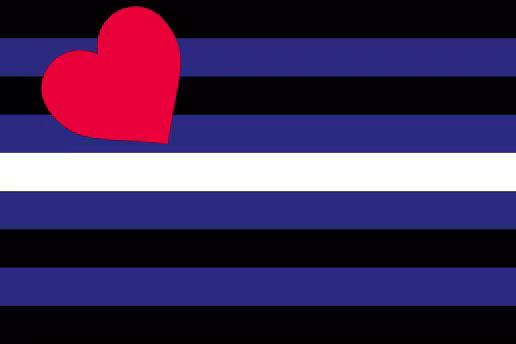 Leather Pride Flag: 9 equal horizontal lines: black, blue, black, blue, white, blue, black, blue, black. A red hear is superimposed in the top header side (left) corner.