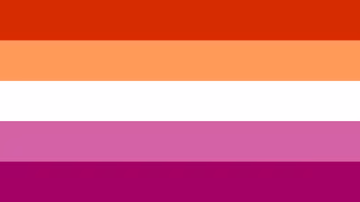 Lesbian Pride Flag "Sunset" - 5 equal horizontal stripes: orange, light orange, white, pink, dark pink