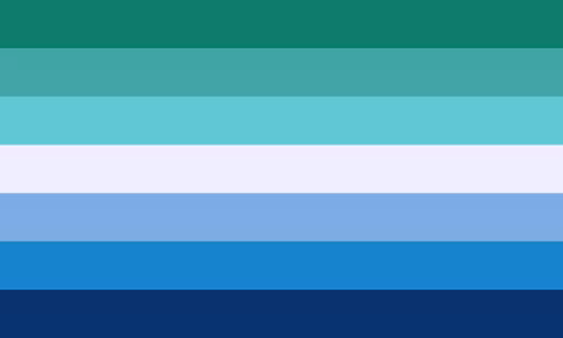 Men Loving Men Pride Flag: 7 equal horrizontal stripes. 3 green, dark to light, one one, 3 blue light to dark