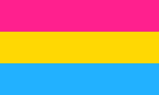 Pansexual Pride Flag: three equal stripes. magenta, yellow, cyan